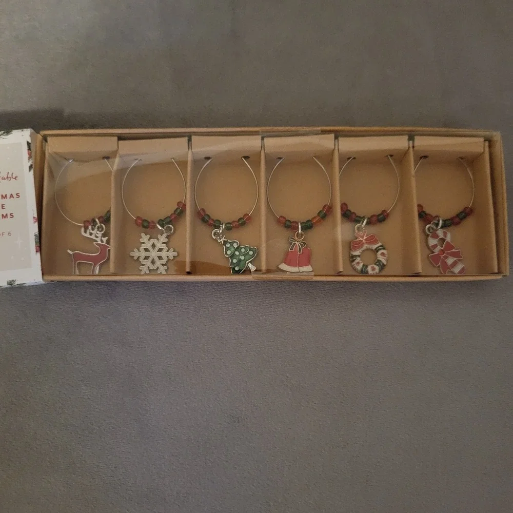 Sur La Table Christmas Metal Wine Glass Charms Set of 6, Multicolor
